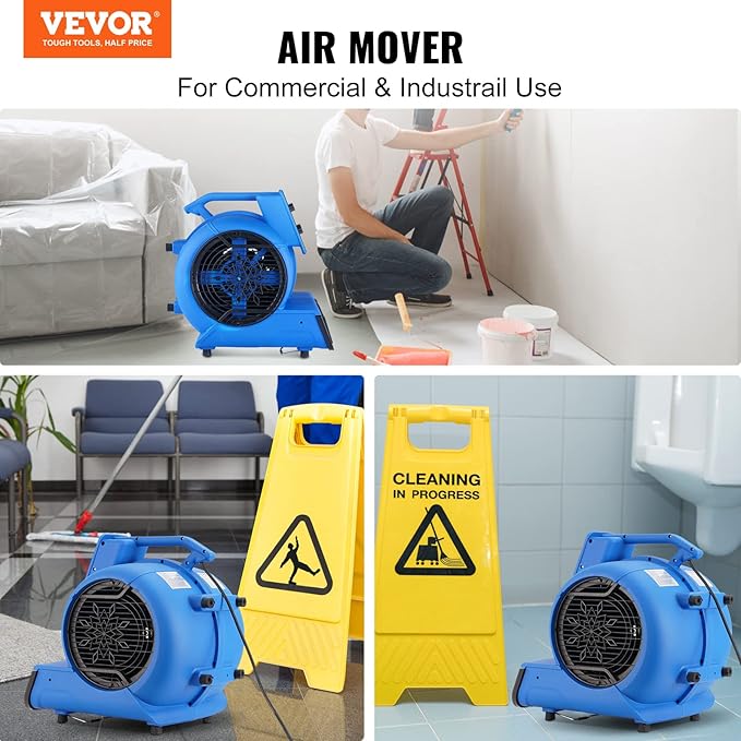 VEVOR Air Mover, 1/2 HP 2600 CFM Carpet Dryer for Cooling and Ventilating, Portable Floor Blower Fan with 4 Blowing Angles and Time Function, for Janitorial, Home, Commercial Use