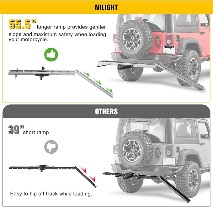 Nilight Motorcycle Hitch Carrier 400LBS, Lightweight Robust Aluminum Dirt Bike Hitch Hauler with 55.11" Longer Ramp, Pin Lock, Tie-Down Strap and Tightener, 2" Receiver, 5" Wide Tire