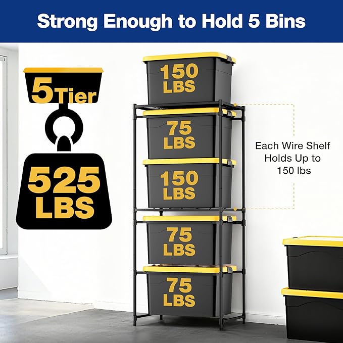 WORKPRO 5-Tier Tote Storage Rack, Heavy-Duty 27 Gallon Tote Storage Rack, 525 LBS Storage Bin Rack for Garage, Pantry, Kitchen, or Basement, Black, 30.5"x22.5"x69", 1 Pack