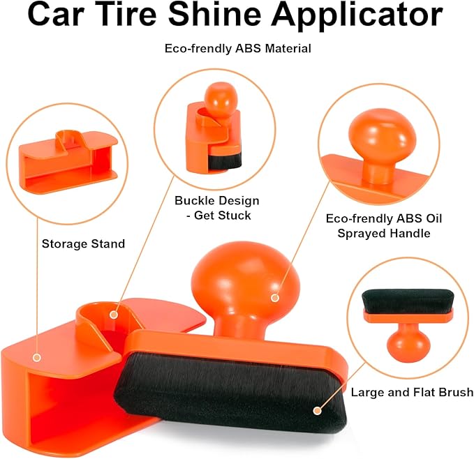 UNIMEIX Tire Shine Applicator Brush Large Vegan Tire Shine Brush with Storage Stand for Vehicles Tire Shine Polish Wax and Car Wash (Orange)