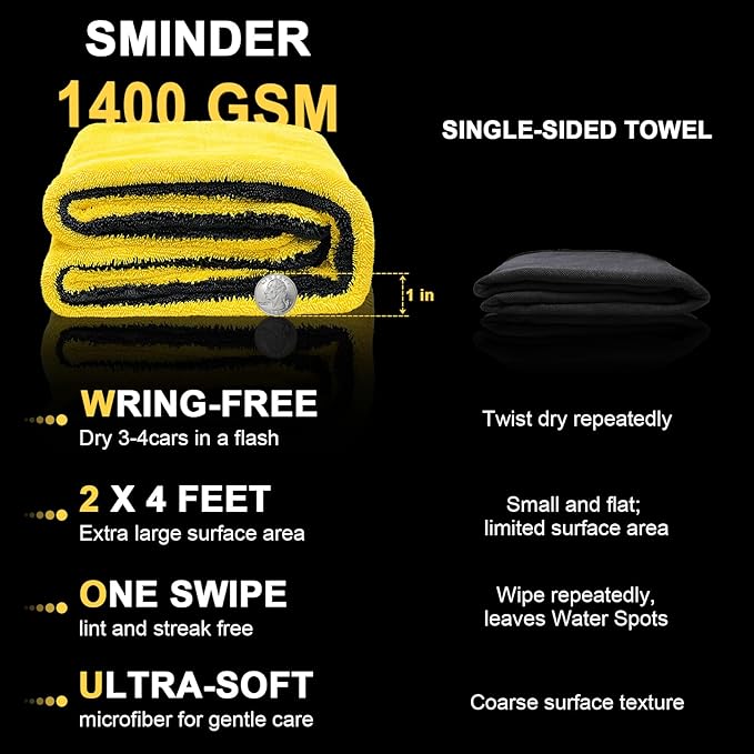 1400 GSM Car Drying Towels Car Detailing– XXL Microfiber Towels for Cars, Trucks (48" x 24"), Ultra-Absorbent, Streak-Free, Scratch-Free, No Water Spots, Double-Twist Pile & Edgeless Design