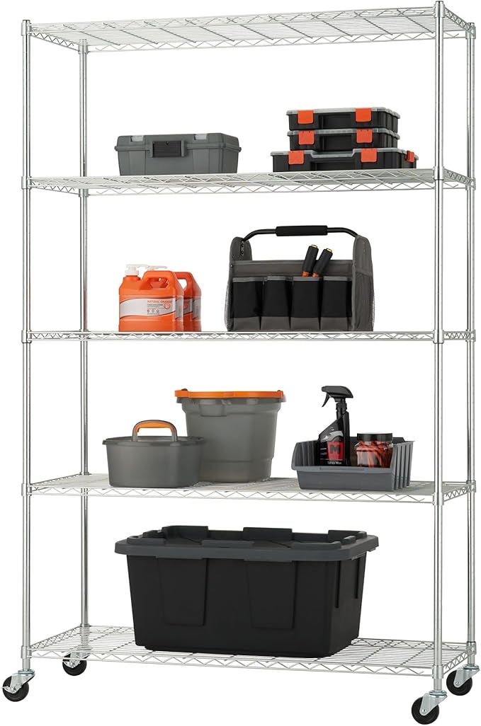 5-Tier Adjustable Wire Shelving with Wheels, Wire Shelf Rack for Kitchen Organization, Garage Storage, 400 to 2000 Pound Capacity, NSF Certified, 48” x 18” x 72”, EcoStorage Chrome