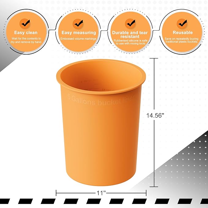 5 Gallon Bucket Liner Reusable Bucket Saver for Concrete Mix Thinset Paint, Reusable Silicone Bucket Pail Liner for Kitchen, Outdoor, Gardening, Camping, Thinset & Paint,Orange