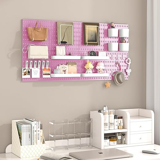 Pegboard Combination Kit, 8 Peg Boards and 30 Accessories Modular Hanging Black Pegboard for Walls, Office Wall Organizer, Keys Holder on Wall, Nursery Storage, 44"x22" Pink