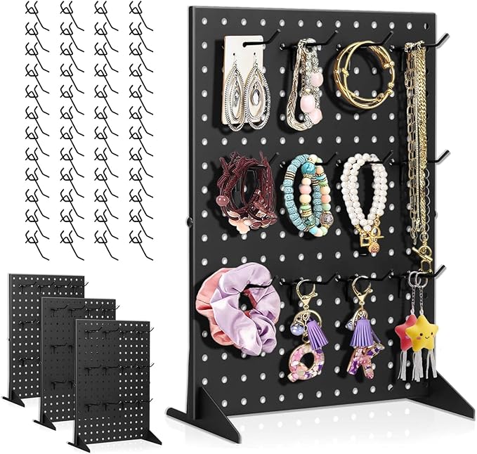 4 Pack Peg Board Display Stand for Vendors with 48 Hooks Metal Tabletop Pegboard Display Stand for Craft Shows 17" X 13" Retail Display Racks For Jewelry Earring Keychain PegBoard Organizer Black