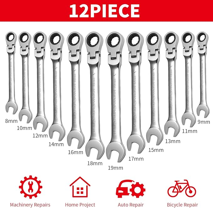 WISEUP 12Pcs Ratchet Wrench, CR-V Chrome-vanadium Steel 8-19mm Wrench, 180 ° Adjustable Combination Wrenches, Double-end Ratchet Wrench, Anti-slip Rust-proof, Labor-saving Tools