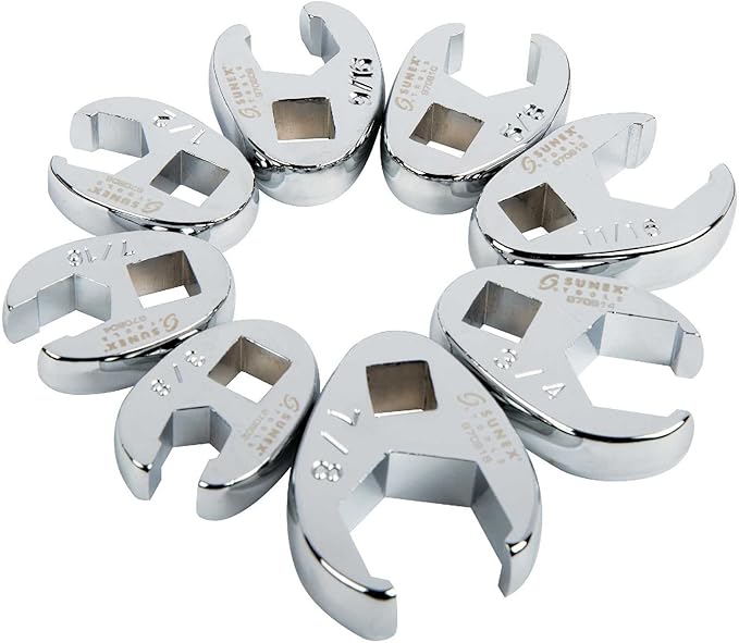 SUNEX TOOLS 9708 3/8-Inch Drive Fractional Crowfoot Flare Nut Wrench Set, 3/8-Inch - 7/8-Inch, Fully Polished, 8-Piece