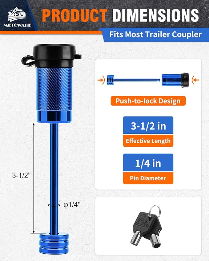 METOWARE Trailer Tongue Coupler Lock 1/4" Dia, 3-1/2" Span, Trailer Hitch Lock for Latch-Type Coupler, Trailer Pin Lock for Towing Trailer RV Car Boat Truck Blue(1 Pack)
