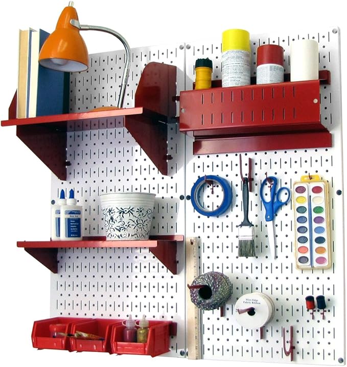 Wall Control Craft & Hobby Pegboard Organizer Storage Kit with White Pegboard and Red Accessories