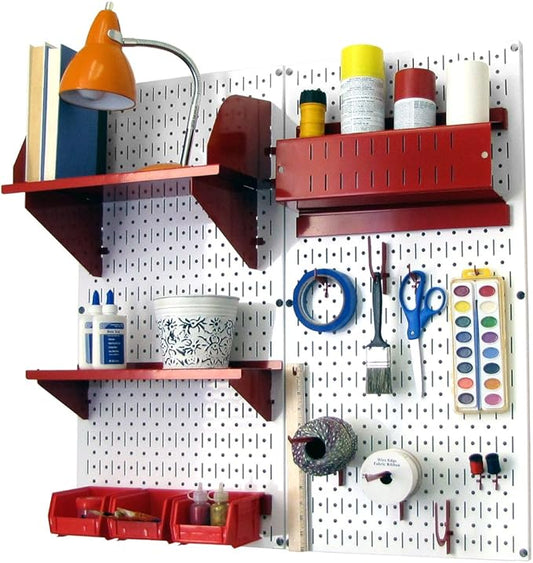 Wall Control Craft & Hobby Pegboard Organizer Storage Kit with White Pegboard and Red Accessories