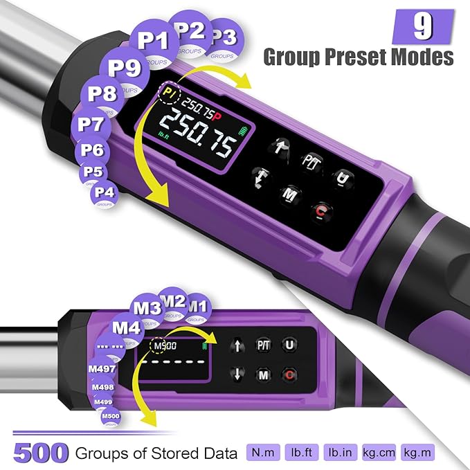 Digital Torque Wrench 1/2 Drive (3.76-250.75 Ft-lb/5.1-340 Nm), Inch Pound Torque Wrench Digital with ±1% Accuracy, Vibration, Buzzer LED, Electronic Torque Wrench Set for Motor Car Truck