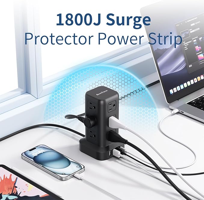 AnnTane Surge Protector Power Strip 6.5 FT Cord, Power Strip Tower with 4 USB Ports (1USB C), Extension Cord with 12 AC Multiple Outlets, Home Office Supplies Desk Accessories, Dorm Room Essentials