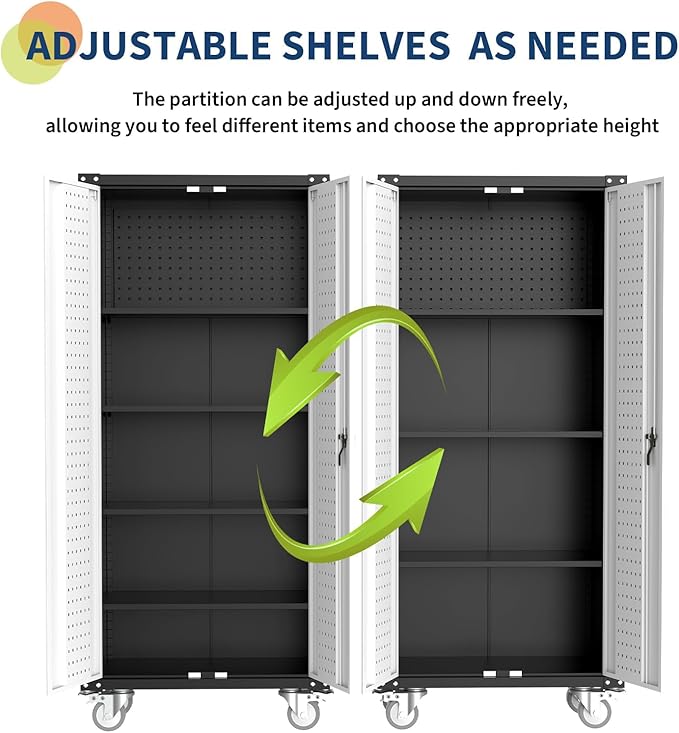 IDEALHOUSE Rolling Tool Cabinet with Lock, 72" Heavy Duty Steel Garage Storage, 4 Adjustable Shelves, Pegboard, Mobile Organizer for Tools, Workshop, Home, Industrial Steel Storage Cabinet On Wheels