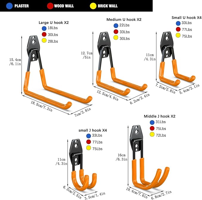 3-H Garage Wall Hooks 14 Pack,Garage Hooks Heavy Duty,Garage Storage Hooks for Hanging and Organizing Garden,Lawn,Yard Tools,Chairs,Ladders,Weed Eater,Shovel,Blower(Orange)