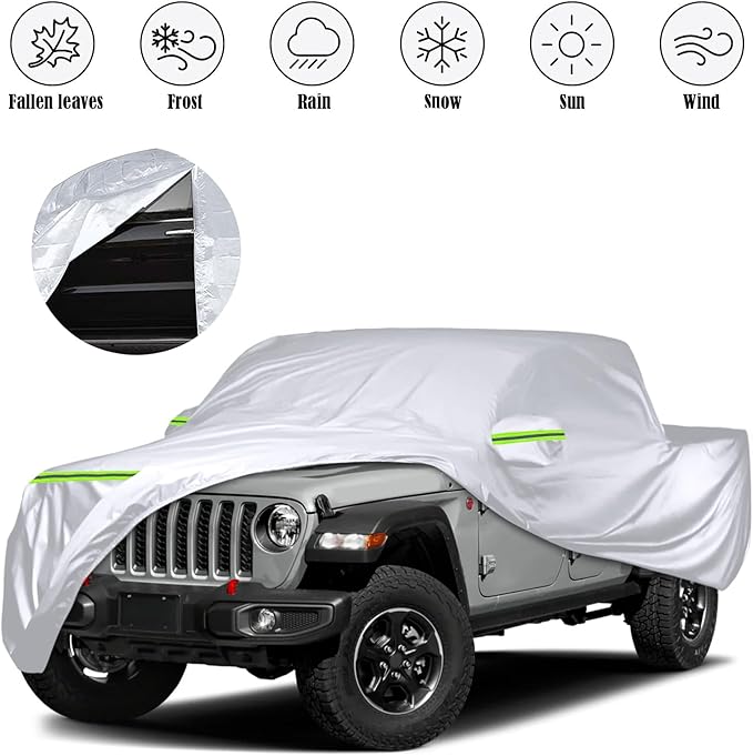 Waterproof Car Covers Replace for 2019-2025 Jeep Gladiator, 6 Layers Silver All Weather Custom-fit Car Cover with Zipper Door & Windproof Bands for Snow Rain Dust Hail Protection