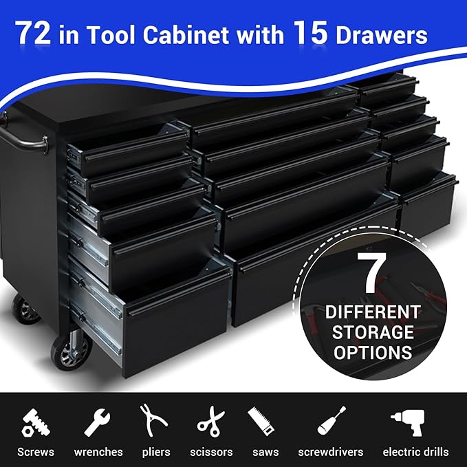 CHETTO C 72 inch Tool Chest Tool Box Mobile 15 Drawers Storage Rolling Cabinet with Wheels Lock Key Locking System Drawer Liners for Garage Warehouse Repair Shop Black