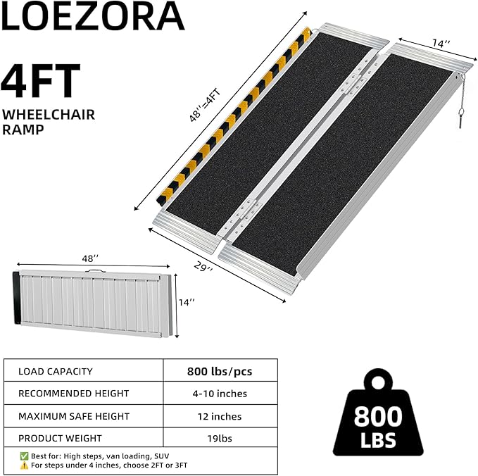 4FT Long Wheelchair Ramp for High Steps & Van Loading - Extra Stable Aluminum Ramp, Creates Gentler Slope for 4 to 12 Inch Height, 800 lbs Capacity