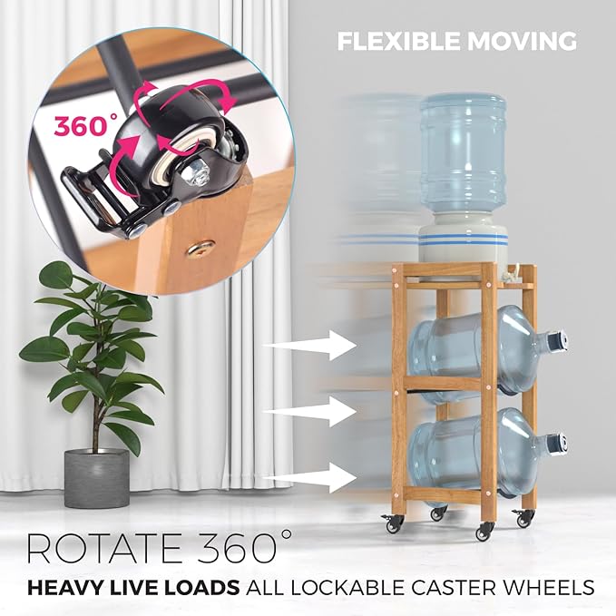 3-Tier 5 Gallon Water Jug Holder with Top Shelf – 4 Metal Wheels or Adjustable Feet – Natural Hardwood Water Dispenser Floor Stand – Wooden Organizer for Kitchen, Office, Garage – Space-Saving Design