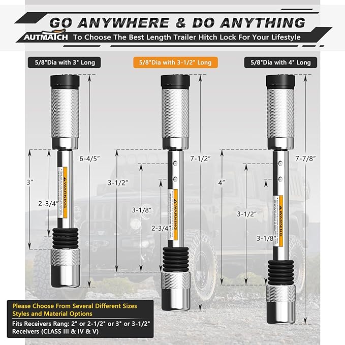 AUTMATCH Trailer Hitch Lock 5/8" - 3-1/2" Extra Long Span & Anti-Theft Hitch Locking Pin, Fits Class III IV 2"-2.5" Receivers, Heavy Duty Towing Lock Pin for Jeep, Trailer, Truck, RV, Bike, Silver