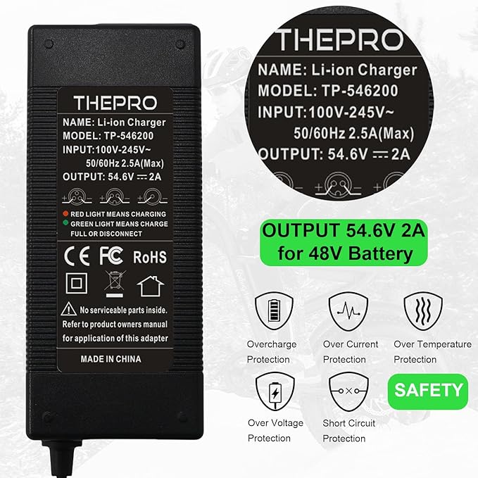 THEPRO 54.6V 2A Battery Charger for 48V Lithium Battery, Universal 54.6V Power Adapter Chargers, 5.5mm DC Connector for 2.5mm/2.1mm