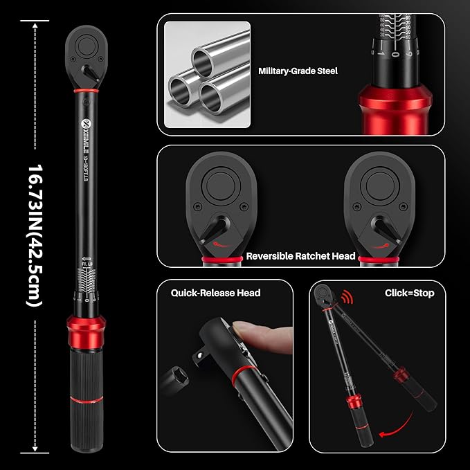 1/2-Inch Drive Click Torque Wrench - 10-180 Ft-Lb/13.6-244.1Nm, Dual-Direction Adjustable 72 Tooth Torque Wrench with Dual Range Scales, High 3% Precision for Bike, Motorcycle and Car Repair