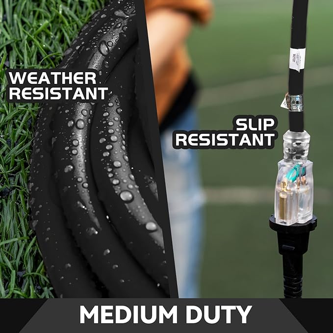 Indoor Outdoor Extension Cord Weatherproof with Lighted End, UL Certified, 16 Gauge 10FT Black 3 Prong Heavy Duty, 16/3 SJTW 13A Power Cord for Outdoor Lights, Lawn