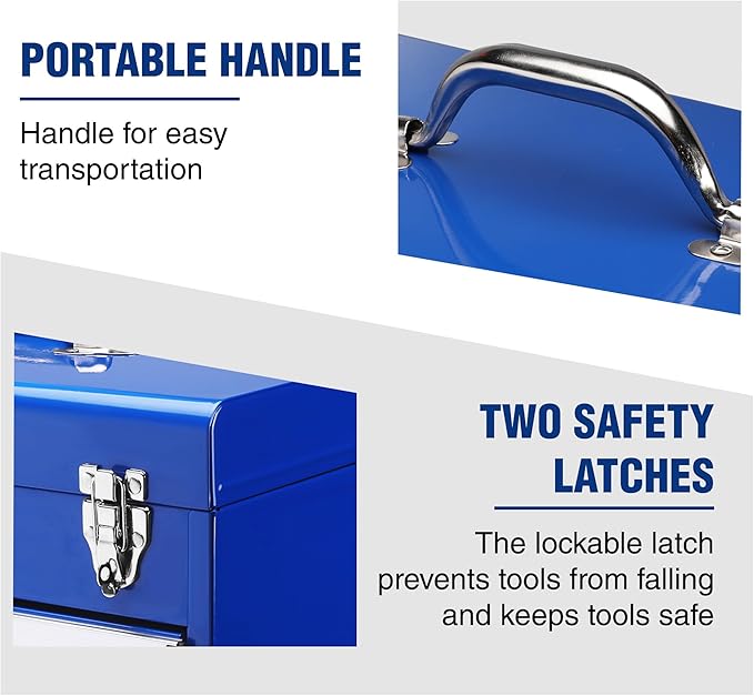 WORKPRO Tool Box with Drawers, 18 Inch with 2 Drawers and 1 Top Storage, Portable Toolbox with Metal Latch and Liner for Garage, Office and Home Storage, 100 LBS Load Capacity (Totally)