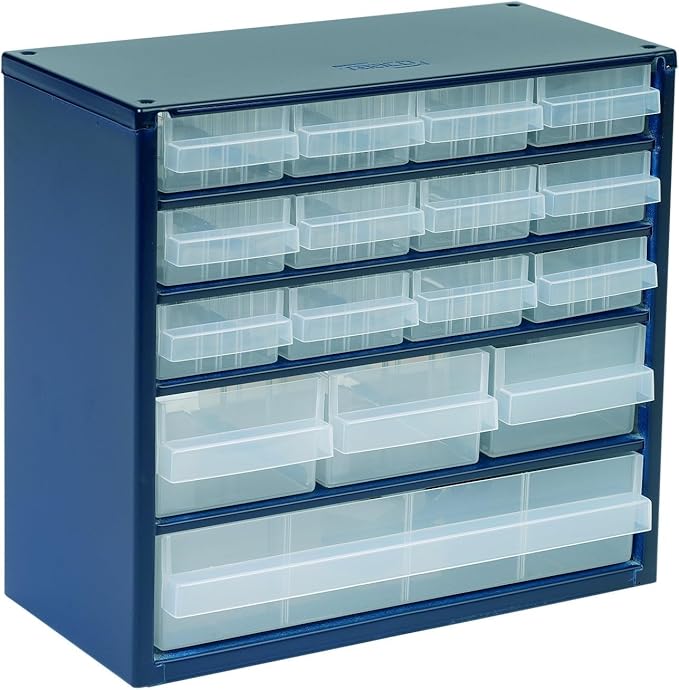Raaco Steel Storage Cabinet, Compact 16-Drawer, Clear Polypropylene Plastic Drawer – Small Parts Organizer, Screws, Nuts & Bolts, Crafts & Hardware – Tool Cabinet for Workbench & Wall Storage (C6-16)