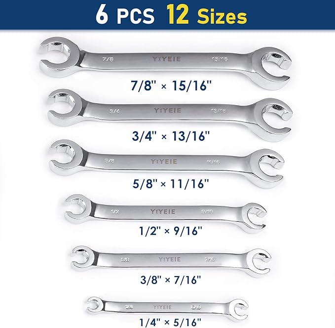 6 Pc. Flare Nut Wrench Set, SAE 1/4" to 15/16", CR-V Steel, Brake Fuel Line Wrench Set with Roll-up Pouch