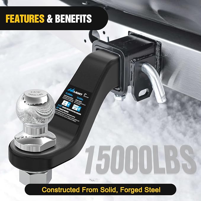 Nilight Forged Trailer Hitch Mount with 2-5/16-Inch Ball Fits 2 Inch Receiver Square 5/8" Hitch Pin Clip 15000 lbs 4" Drop, 1-1/4” Hole, Gloss Black Powder Coat