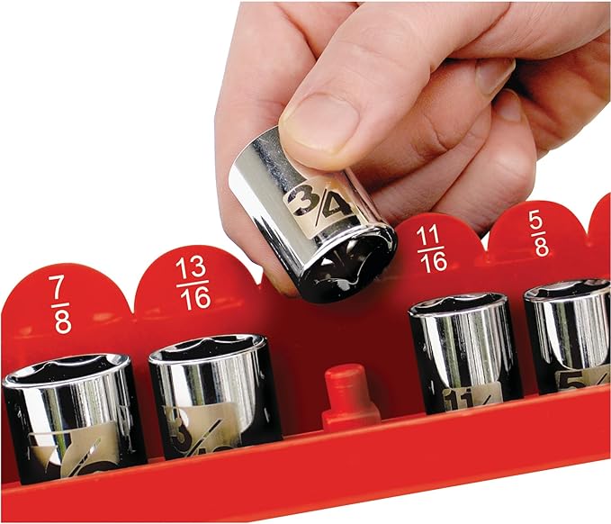 Performance Tool W775 28-Piece 1/2-Inch Drive Socket Holder with Pre-Marked Sizes for Standard and Deep Wall SAE Sockets and Accessories