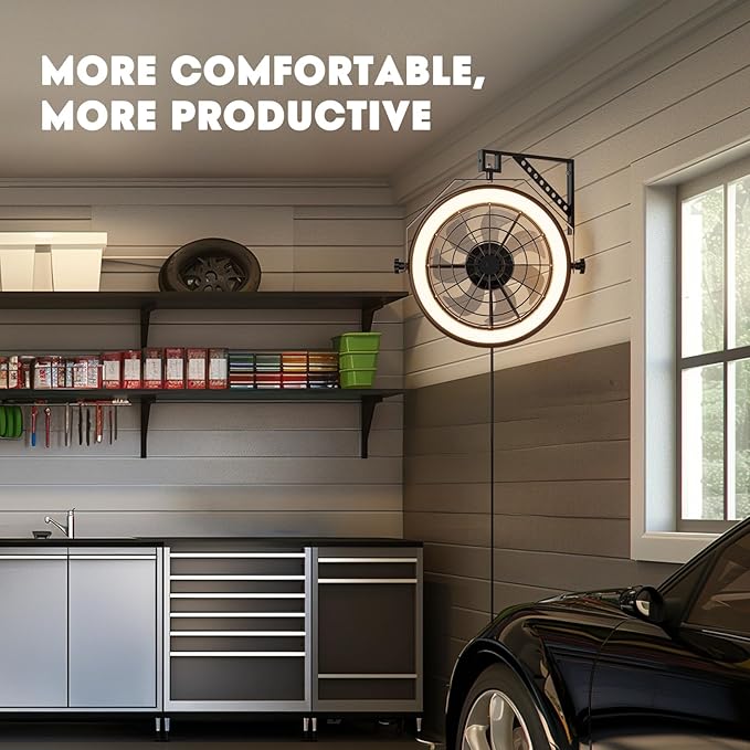Wall Mounted Fan with Lights, 23” Wall Mount Fan with Remote, 6 Speeds Plug in Wall Fan, Reversible, 3CCT, Dimmable, Noiseless, 360°Adjustable Tilt for Workshop, Patio, Home