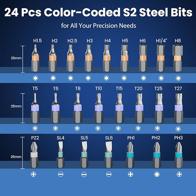Ratcheting Screwdriver Set, 24-in-1 Multi-Bit Driver with 6.2° Fine Tooth Ratcheting Gear, S2 Steel Bits, Extended Lever Handle, Magnetic Tips, Compact Tool Kit for Home Repair & DIY