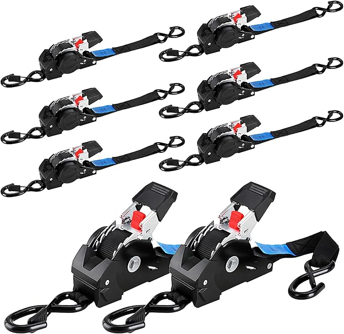 TLGREEN Retractable Ratchet Straps,Black,8 Pack,1” x 10’1650lb Break Strength Heavy Duty Auto Self Retracting Tie Down Straps for Truck, Cargo, Motorcycle, ATV, UTV,Boat