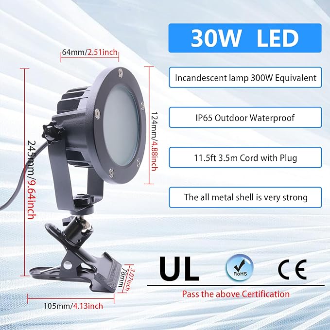 Clip Floodlight 30W LED Work Light IP65 Waterproof 300W Equivalent 11.5ft 3.5m Cord with Plug Lights for Workshop Garage, Construction Site Applicable to Various environments (30W Warm White)
