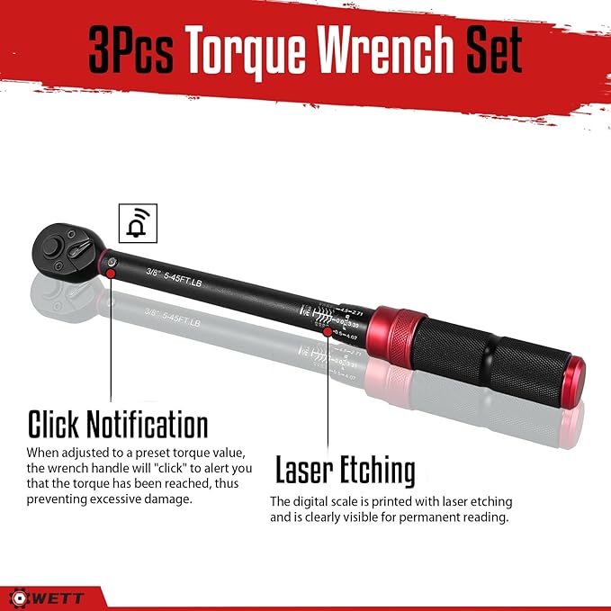 WETT 3Pcs Torque Wrench Set, 1/4'' & 3/8'' & 1/2'' Drive Click Torque Wrench, Dual-Direction Adjustable Reversible 72-Tooth Ratchet Handle, 20-240IN.LB, 5-45FT.LB, 20-160FT.LB