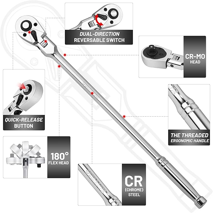 1/4-Inch Drive Flex Head Ratchet, 72 Tooth Quick Release Swivel Head Ratchet - 12" (305mm) Long Handle