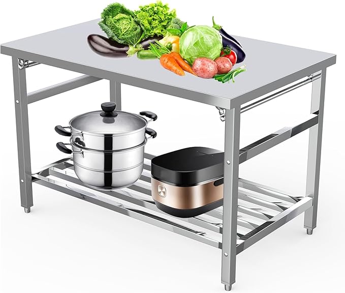 48" x 30" Stainless Steel Commercial Work Table, Heavy Duty Folding Stainless Steel Prep Table with Adjustable Undershelf for Restaurant, Kitchen, Food Service, Space-Saving, No Installation Required