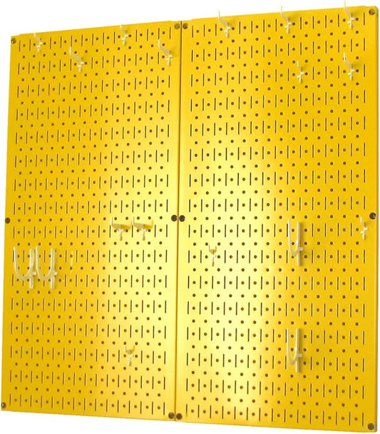 Wall Control Kitchen Pegboard Organizer Pots and Pans Storage Rack Organization Kit with Yellow Pegboard and White Accessories