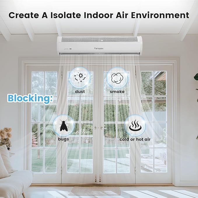 Fanspex 36" Wall Mounted Air Curtain, 2-Speed Commercial Over Door Fan for Home Garage Shop Restaurant, 120W Low Consumption with Magnetic Door Switch (White)