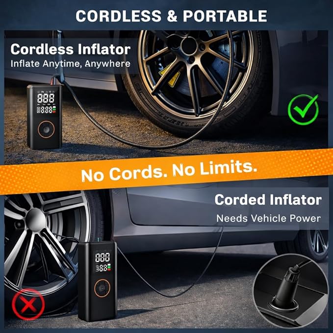 Tire Inflator Portable Air Compressor, 150PSI Cordless Electric Bike Pump, Portable Tire Inflator with LCD Pressure Gauge & LED Light, Portable Air Pump for Car, Motorcycle, Bicycle, Balls
