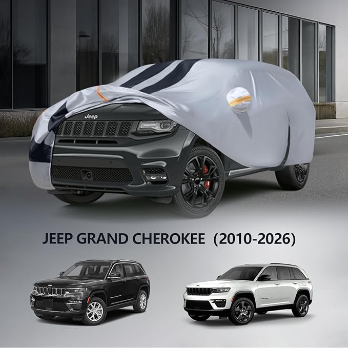 Multi-Layer Car Cover Custom Fit for Jeep Grand Cherokee(2010-2026), 100% Waterproof All Weather for Automobiles, Gift with Towel, Heavy Duty Car Covers for Rain Sun UV Protection with Door Zipper