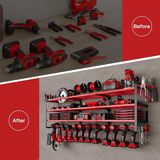NattyDot 48" Large Power Tools Organizer Wall Mount,12 Drill Holder for Garage, Workshop Heavy Duty Storage Rack (Red)