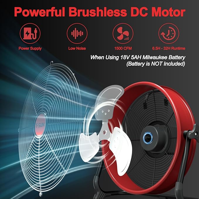 T-SUN 12" Battery Power Floor Fan Compatible with Mil-wau-kee Battery, Portable Fan with AC Adapter and USB Output, Stepless Speed Cordless Fan, Metal High Velocity for Jobsite Outdoor Camping