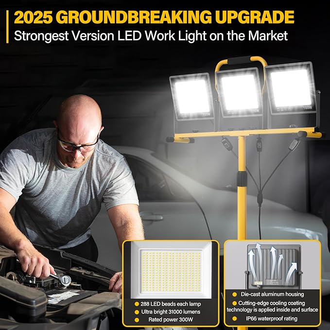 Portable LED Work Lights with Stand, 31000 Lumen 3 Head Work Lights with Individual Switch (3000K/5000K/6500K Selectable) & 16.5FT Cord, IP66 Waterproof Foldable Tripod Stand Worklights for Outdoor