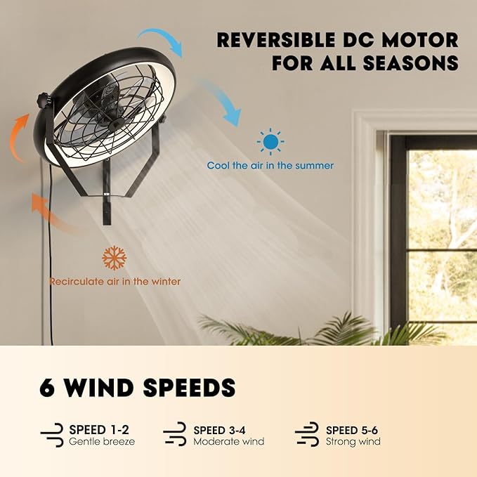 Wall Mounted Fan with Lights, 23” Wall Mount Fan with Remote, 6 Speeds Plug in Wall Fan, Reversible, 3CCT, Dimmable, Noiseless, 360°Adjustable Tilt for Workshop, Patio, Home