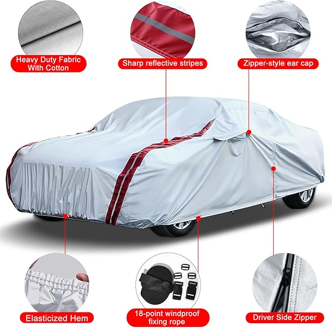 Waterproof Car Covers Replace for 2008-2025 Dodge Challenger, 6 Layers All Weather Custom-fit Car Cover with Zipper Door & Windproof Bands for Snow Rain Dust Hail Protection