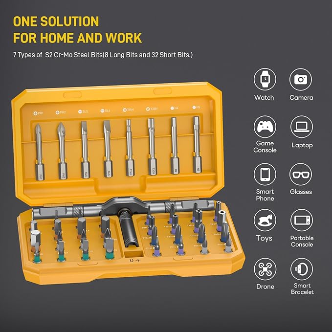 All in One 42 in 1 Magnetic Screwdriver Set Compact Precision Repair Kit for Games Console, Tablet, Ring Doorbell, Glasses, DIY Electronics Yellow