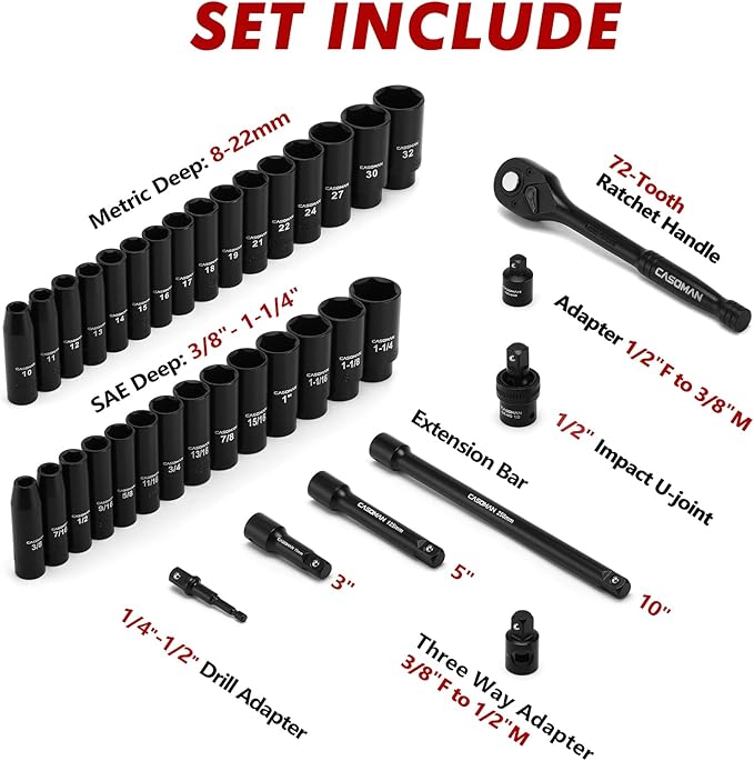 CASOMAN 1/2" Drive Master Impact Socket Set, 38 Piece Deep, Standard SAE (3/8" To 1-1/4") & Metric (10-32 mm) Sizes, Includes Extension Bar (3, 5, 10-inch), Adapters & Ratchet Handle, CR-V