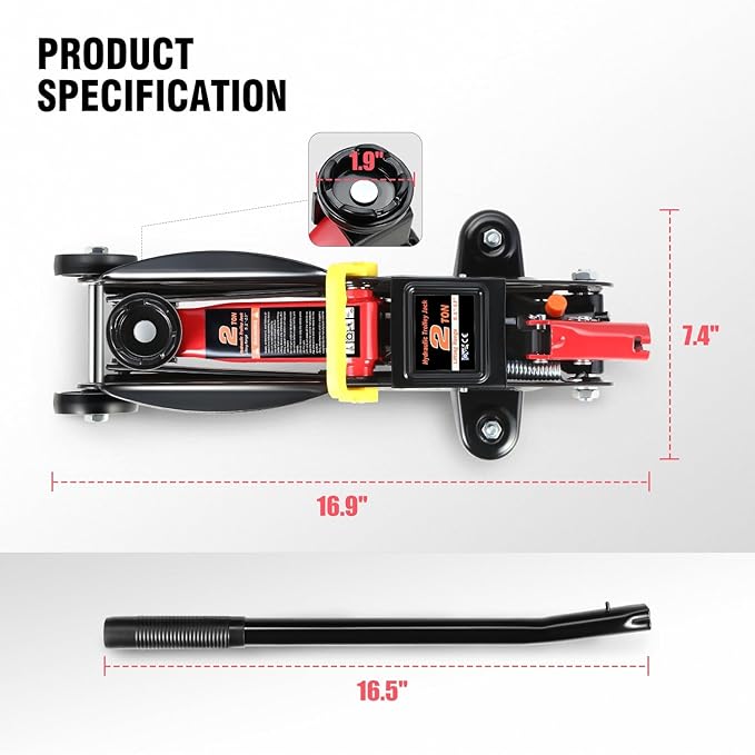PM PERFORMOTOR Low Profile Hydraulic Trolley Service/Floor Jack, 2 Ton (4000 lbs) Capacity, Lifting Range 5.1"-13",Black,PM-TOL-FJ20-BK